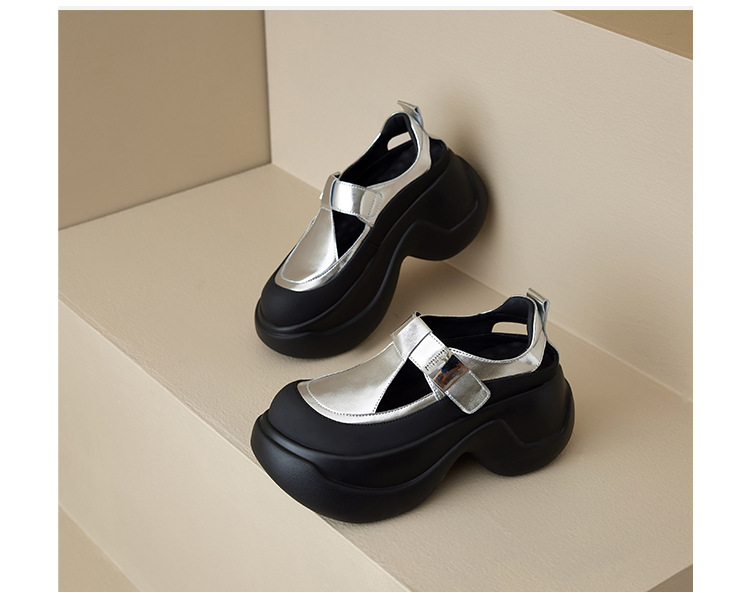 Sandal bít mũi đế dày da thật 2025 quai Velcro phong cách La Mã — Màu đen, Màu bạc chi tiết 21