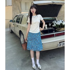 ブランド貿易〜カットラベルカウンターレトロブルー花柄シフォンスカートレディースサマーヒップカバーオイルペイントフィッシュテールミッドスカート