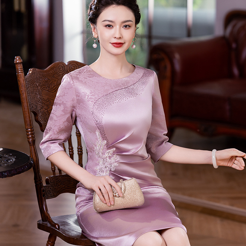 Mother's Wedding Banquet Dress New High-End Wedding Clothes High-End Mother-In-Law Acetate Cheongsam Dress for Women