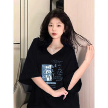 短袖女新款夏季女生短袖衫V领宽松黑色韩版美式T恤女气质上衣