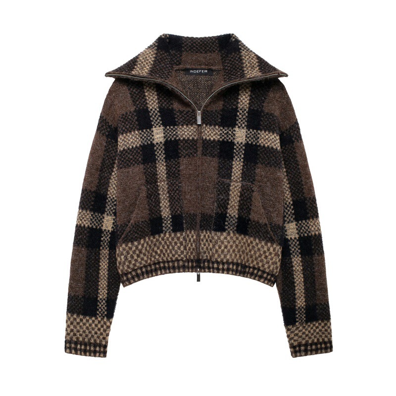 Cross-Border Foreign Trade European and American Style 2026 Autumn European and American Women's Fashion Lapel Plaid Knitted Jacket 580210 Cross-Border Foreign Trade European and American Style 2026 Autumn European and American Women's Fashion Lapel Plaid Knitted Jacket 580210