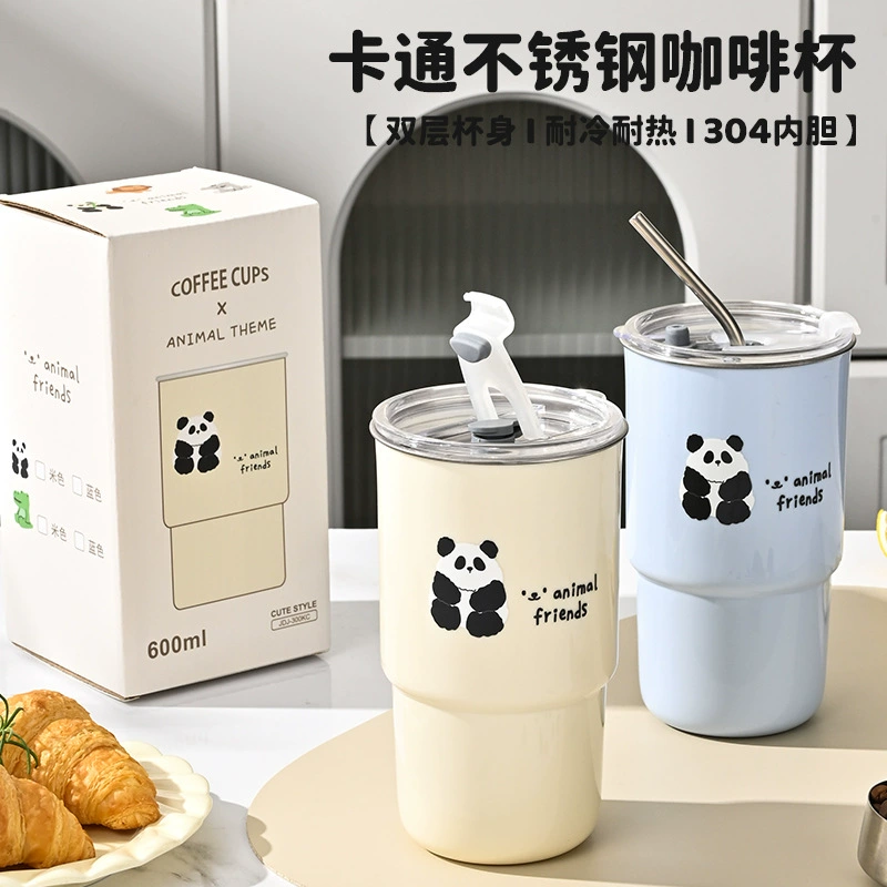 Кружка для кофе из нержавеющей стали 304, в стиле мультфильма, с трубочкой, для дома, офиса, студента, портативная, для воды