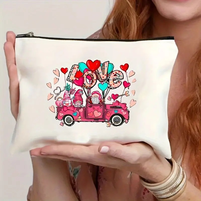 Cross-border Amazon Temu popular Día de San Valentín de lino de doble cara de impresión bolsa de cosméticos bolsa de almacenamiento de las mujeres de múltiples funciones tirón