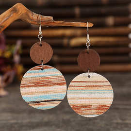跨境复古波西米亚风图案条纹几何木拼接圆形耳坠