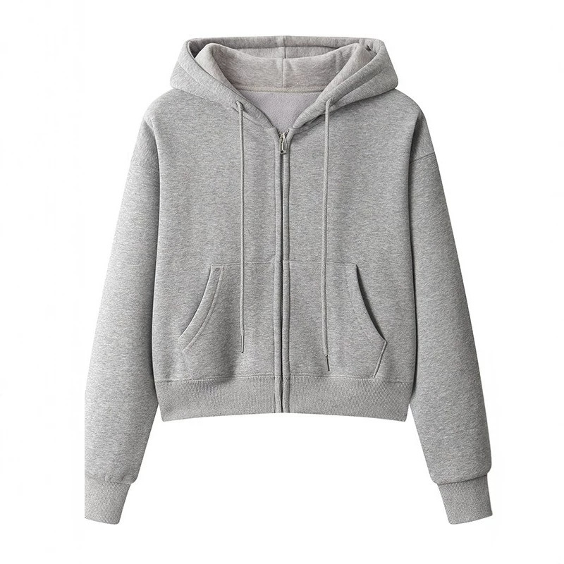 Gray short-sleeved hooded sweatshirt for women, 2026 autumn/winter collection, lightweight, new style, versatile zip-up jacket with fleece lining