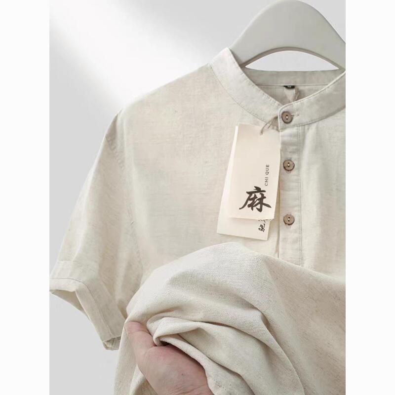 Chinese Style Linen Stand Collar T-Shirt 2025 New Summer Men's Cotton and Linen Short-Sleeved Loose Large Size Casual Top Thin