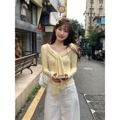 新款鹅黄色海军领内搭打底衫女2025秋季修身显瘦短款长袖t恤上衣