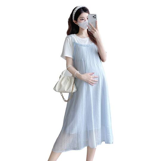Pregnant Women's dress 2025 New Summer Korean Fashion Loose Slimming Fashionable Fake Two-piece Slip Skirt