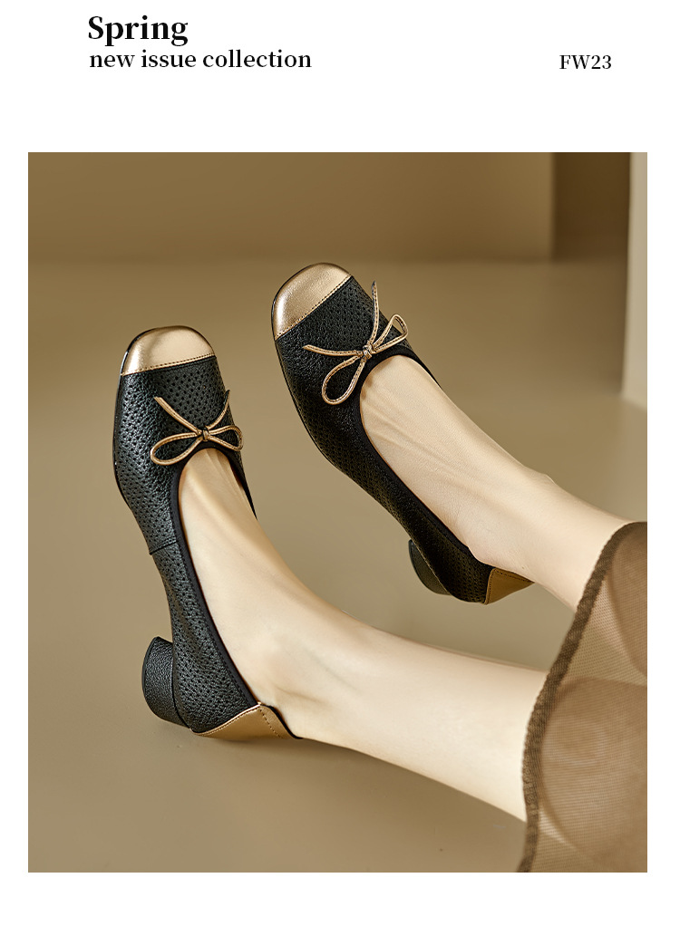 Sandal nữ da cừu miệng nông đục lỗ gót thô thấp phong cách Xiaoxiangfeng — Màu nâu chi tiết 16