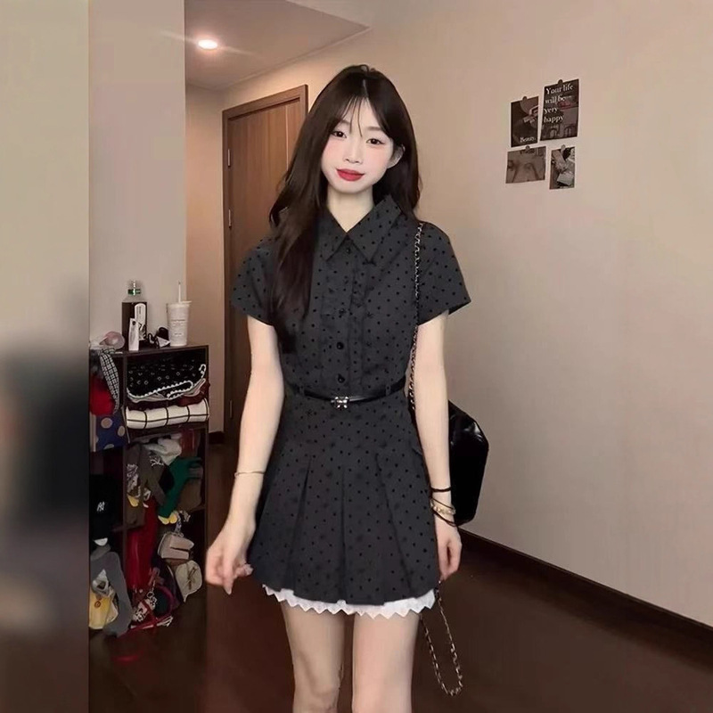韩系学院风波点连衣裙女春夏新款蕾丝拼接收腰显瘦a字短裙|undefined