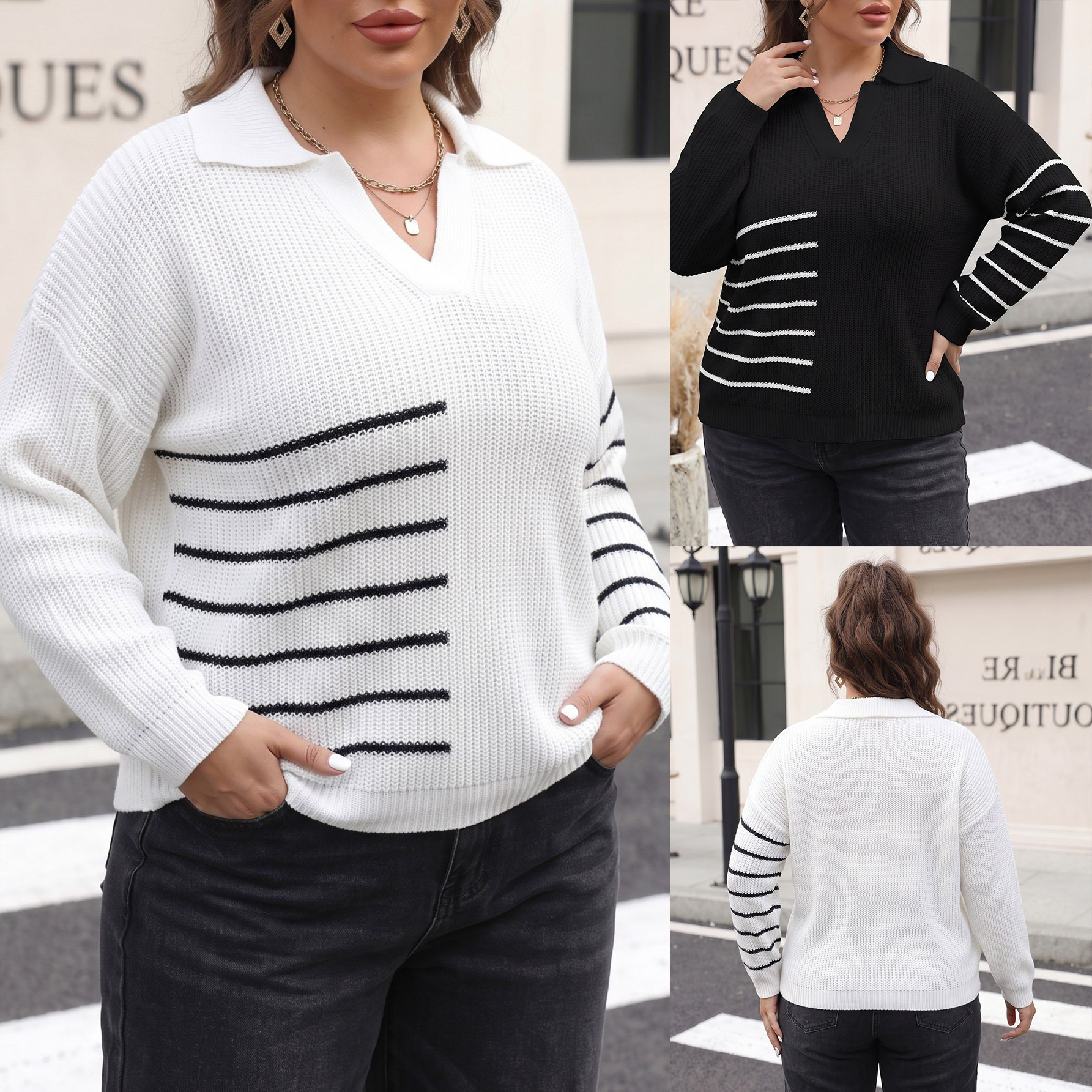 Women's Pullover Knitwear Cross-Border European and American Plus-Size Women's Clothing Autumn and Winter New Style Color-Blocking Striped Polo Collar Sweater