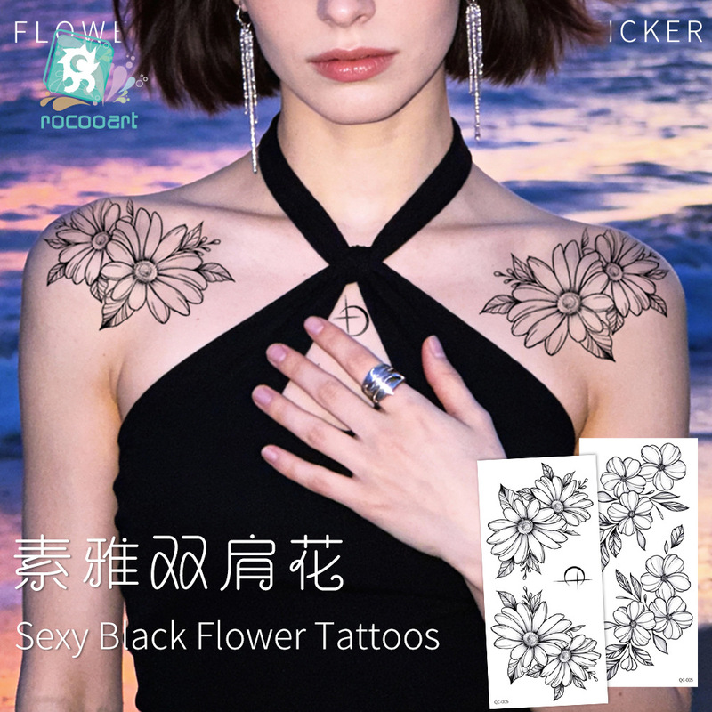 Cross-Border New Style Sketch Flower Tattoo Stickers with a High-End Feel, Butterfly, Black and White Rose, Waterproof, Fresh and Simple Temporary Tattoo Stickers