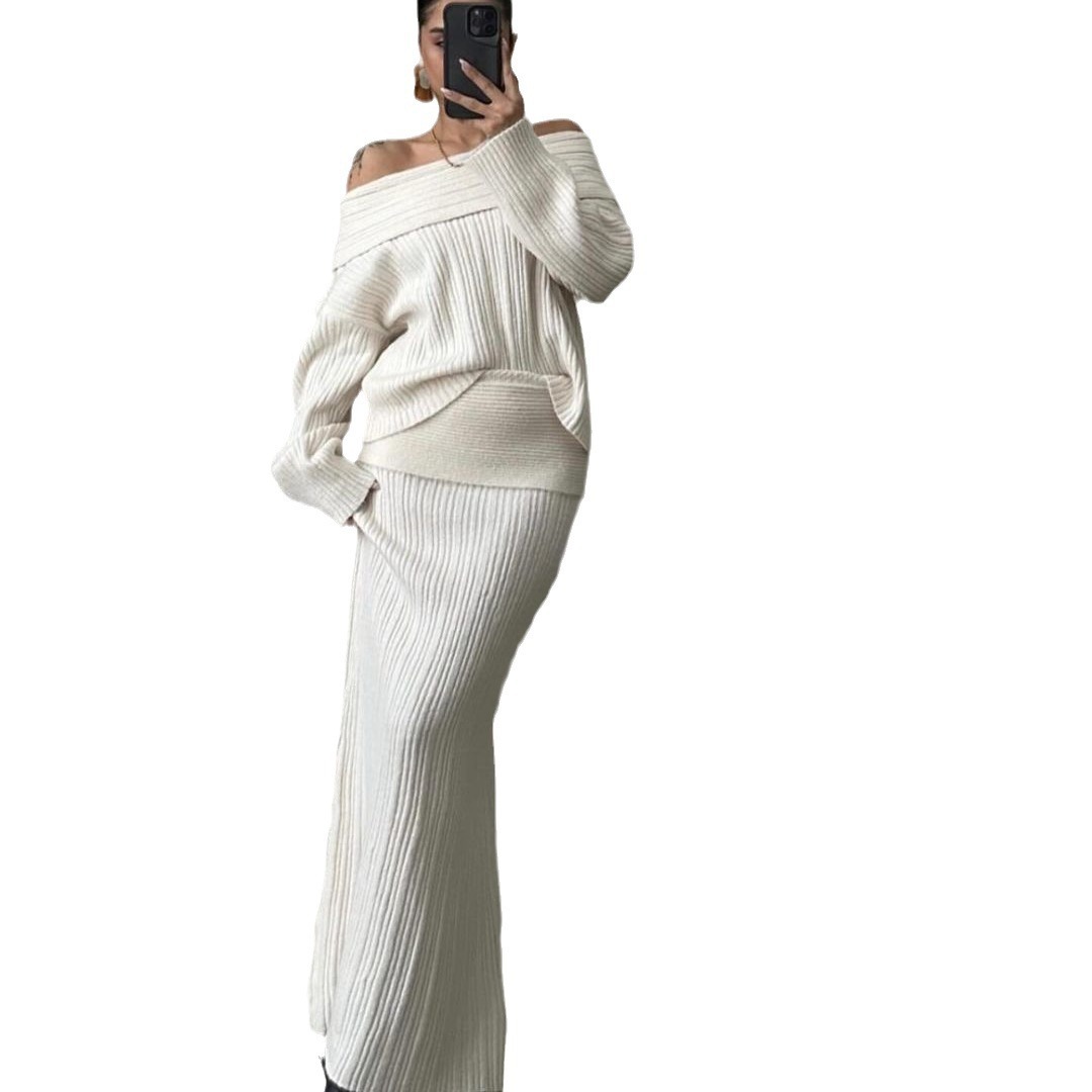 Women's Fashion Off-Shoulder Knit Sweater Two-Piece Set Long Sleeve Loose Fit Solid Color Casual Outfit_voghion.com