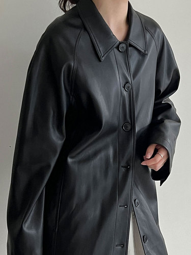 Luxi Korean-style Retro High-end Black Mid-length Leather Jacket for Women, Autumn New Arrival, Soft and Supple Leather 3709