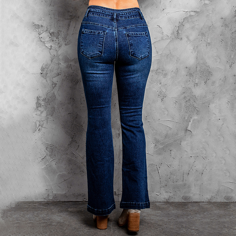 时颖跨境欧美牛仔裤女亚马逊新款拉链口袋深蓝色高腰女士牛仔裤