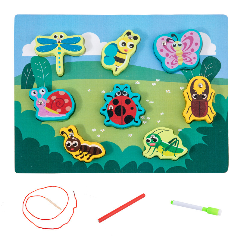 Tablero a juego multifuncional de doble cara de madera para niños Tablero de dibujo de cuerda Juguetes educativos para bebés con cuentas de pesca para niños