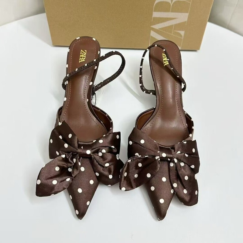 Za Home 2025 New Women's Shoes Satin Bow Decorated Stiletto Heel Toe Back Hollow One-Strap High-Heeled Slippers Sandals