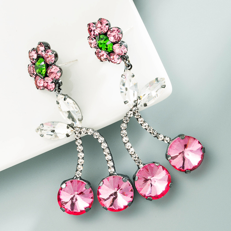 Korean Style Pink Cherry Flower Full Diamond Long Earrings display picture 3