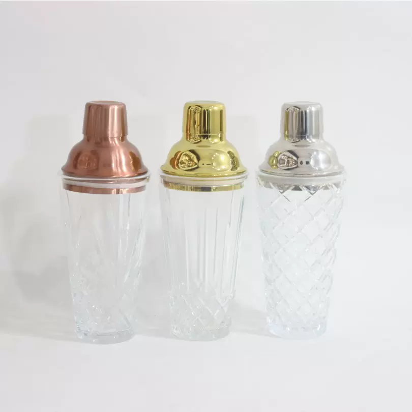 跨境新款水晶玻璃杯调酒器酒吧鸡尾酒杯摇杯玫瑰金不锈钢调酒器
