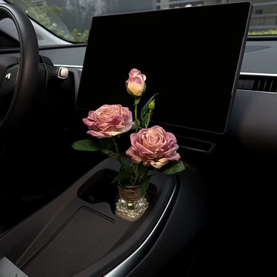 Car Ornaments, French-Style Oil Painting with Burnt Edges, Simulated Roses, Car Interior Decorations, Car Aromatherapy, Water Cup Holder Decoration, High-End for Women (Car ornaments) - vase-with-pearlsfrench-burnt-edge-rose-purple-includes-perfume