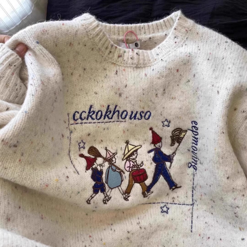 趣味卡通圆领套头针织毛衣秋冬学院风韩系宽松百搭长袖打底衫上衣