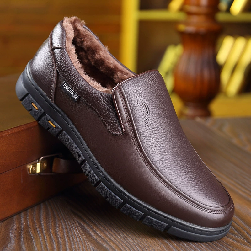 Зимняя хлопковая обувь для мужчин среднего и пожилого возраста, теплая флисовая подкладка, утолщенная легкая мягкая подошва, кожаная нескользящая обувь для пожилых мужчин, хлопковая кожаная обувь для папы