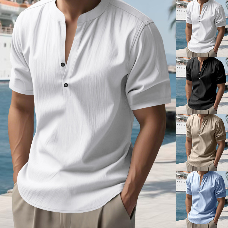 Camisa suelta casual de verano para hombres europeos y americanos, camisa de color sólido de lino de manga corta con cuello alto de moda para hombres