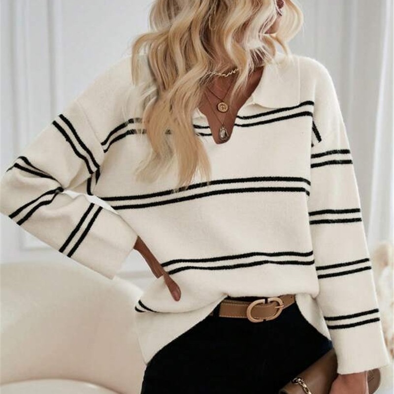 Women's Striped Polo Sweater – V-Neck, Contrast Trim, Long Sleeve (White/Black/Apricot/Red, S-L)_ecoleips.com
