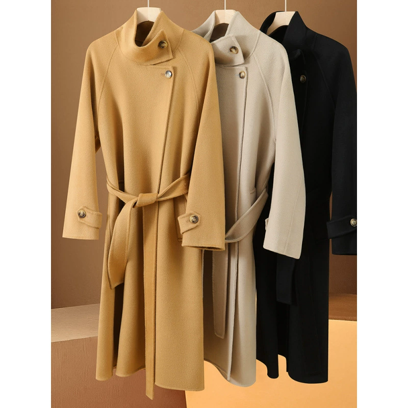 Чистая шерсть двухстороннее пальто женский осенний и зимний новый шнуровка с стоячим шнуровкой шерстяная куртка с тонким темпераментом кардиган