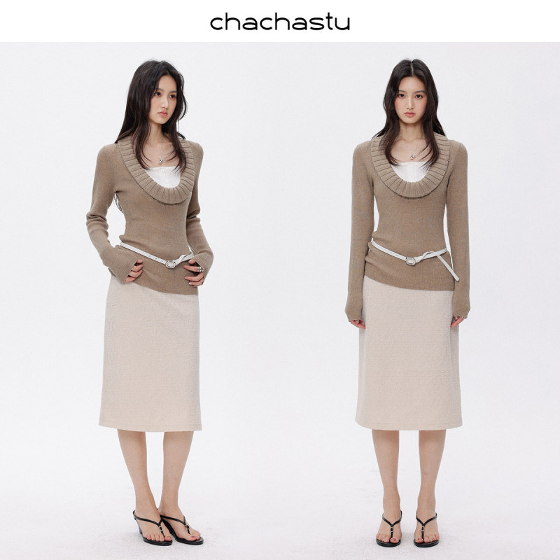 C2601M181G "Roma Holiday" Retro-Style Old Money Wide-Collar Patchwork Fake Two-Piece Knit Sweater