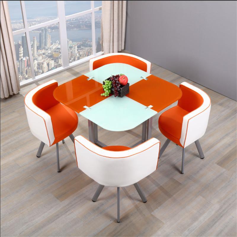 Mesa y sillas de comedor modernas, mesa redonda pequeña de vidrio templado, mesa y sillas para recepción y negociación, una mesa y cuatro sillas, cocina de inducción.