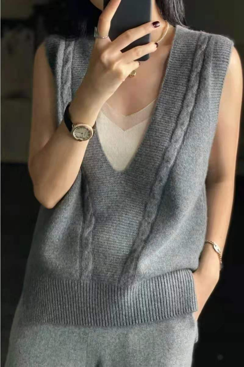 Otoño de las nuevas mujeres con cuello en v chaleco suelto más tamaño suéter de punto estilo coreano lana peinada chaleco torcido
