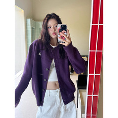 韩系慵懒风超显白紫色毛衣开衫外套女秋季休闲宽松针织开衫上衣