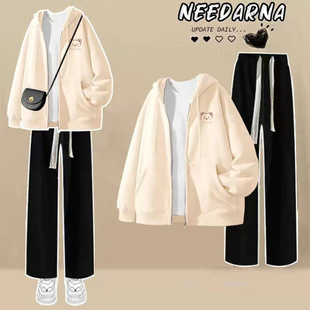 Middle and high school students autumn and winter thick suit girls Korean style new cardigan warm jacket spring and autumn sports two-piece set