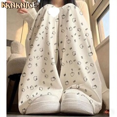 夏季冰丝薄款可爱满印HelloKitty阔腿裤女小个子宽松休闲直筒裤子