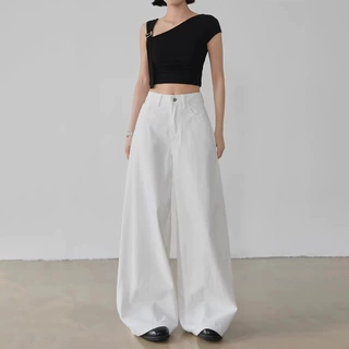 莱赛尔三防白色高腰阔腿牛仔裤女2026春夏新款直筒宽松垂感拖地裤
