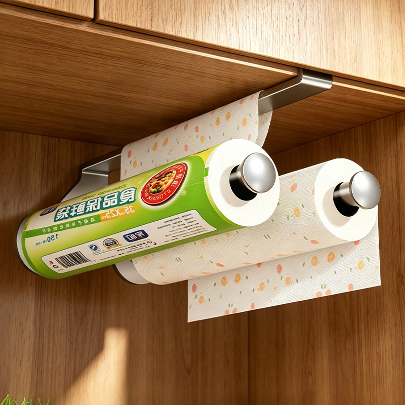 Manufacturer's no-drill kitchen paper towel holder, under-cabinet hanging roll paper rack, storage rack for oil-absorbing cling film and paper storage Manufacturer's no-drill kitchen paper towel holder, under-cabinet hanging roll paper rack, storage rack for oil-absorbing cling film and paper storage