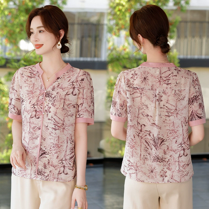 Летняя стильная футболка для мамы, женские тонкие топы в китайском стиле для среднего и пожилого возраста, китайские модные тонкие рубашки с короткими рукавами