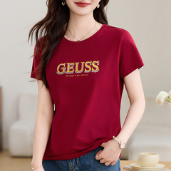 夏の丸首半袖tシャツ女性2025新型高級赤上着ファッションママゆるいカジュアルtシャツ