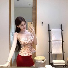 Han Yujia Capri Midsummer コットンレッド刺繍パッチワークレースフリルサスペンダートップ