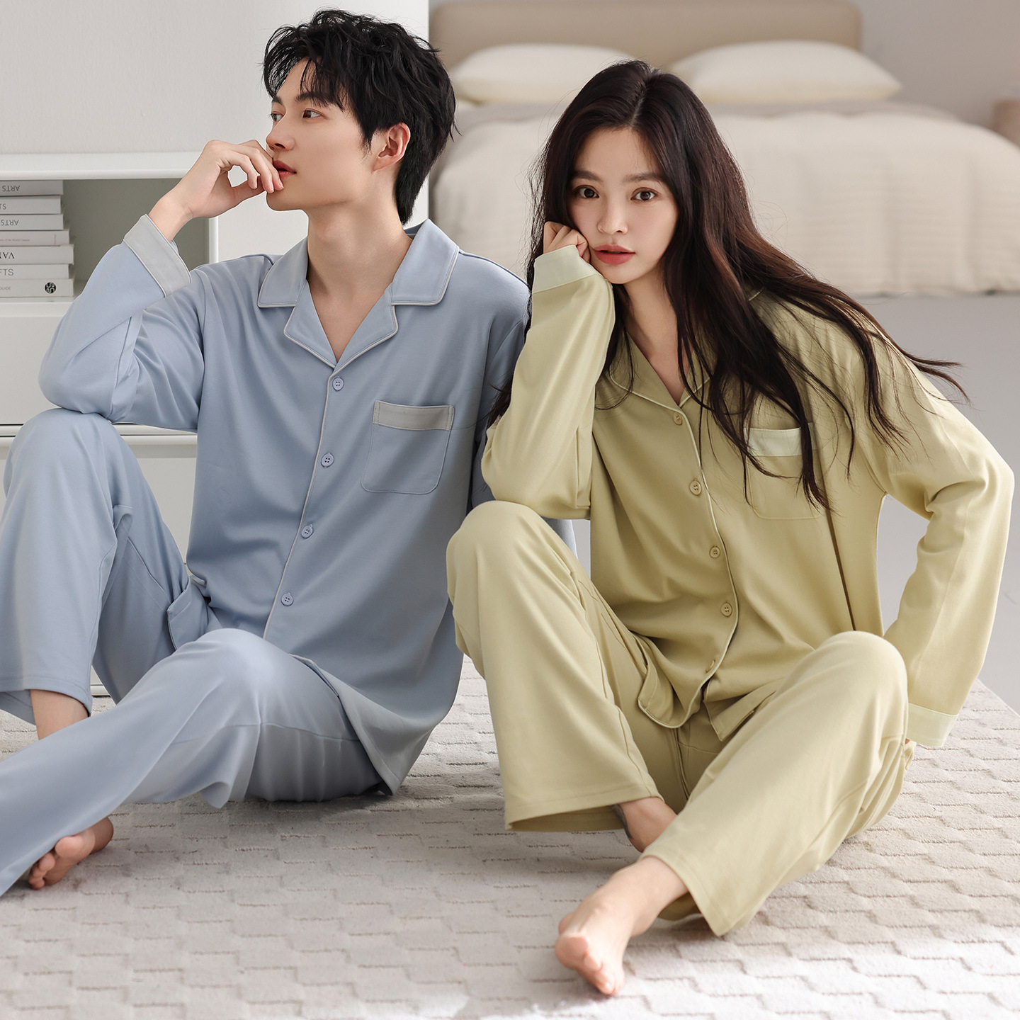 Couple Pure Cotton Pajamas for Women Spring and Autum 2025 New Men's Casual Cartoon Home Clothes Set Can Be Worn Outside for Women