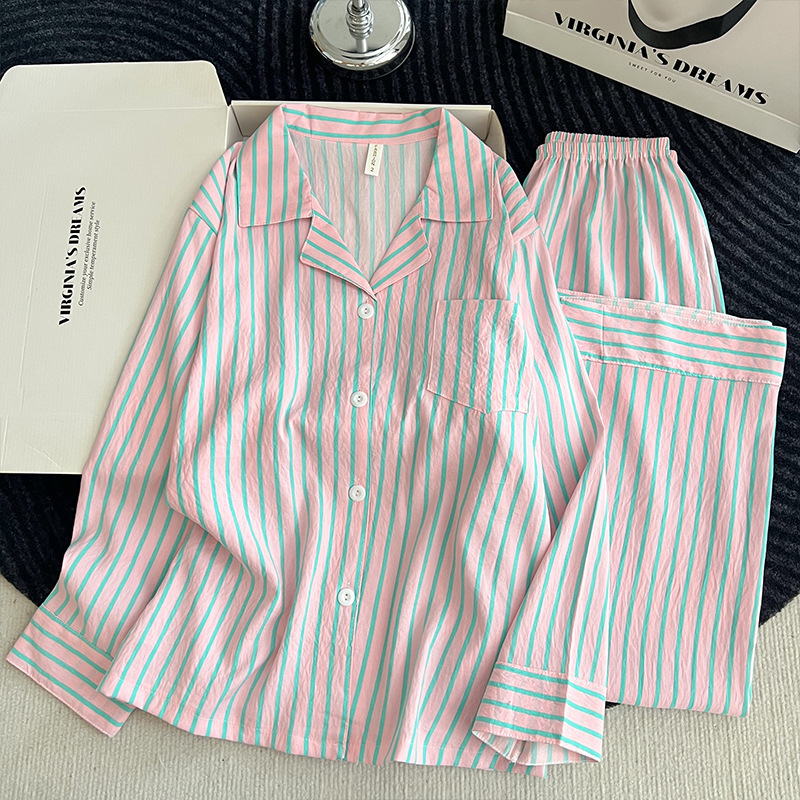 Korean cross-border spring and autumn cloud cotton striped pajamas for women, long-sleeved cardigan with a turn-down collar, sweet home wear set, live broadcast Korean cross-border spring and autumn cloud cotton striped pajamas for women, long-sleeved cardigan with a turn-down collar, sweet home wear set, live broadcast