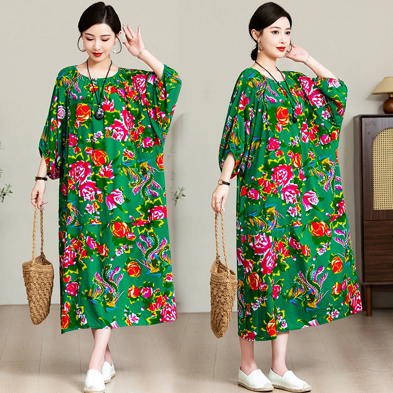 2024 Summer Round Neck Cotton Silk plus size Loose dress Art Holiday Style Beach Long Dress Retro Meat Covering Robe 2024 Summer Round Neck Cotton Silk plus size Loose dress Art Holiday Style Beach Long Dress Retro Meat Covering Robe