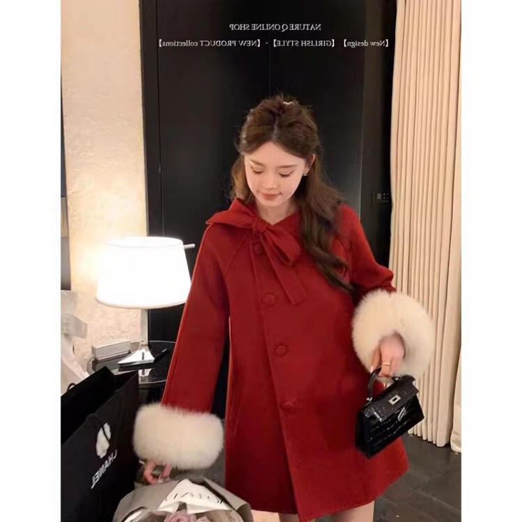 Christmas New year double-sided cashmere red woolen coat toast dress bride wedding binding wedding dress winter