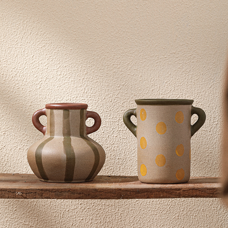 Vintage-Style Ceramic Vase with Double Handles, Striped Polka Dots, Small Diameter, Hydroponic, Creative Niche