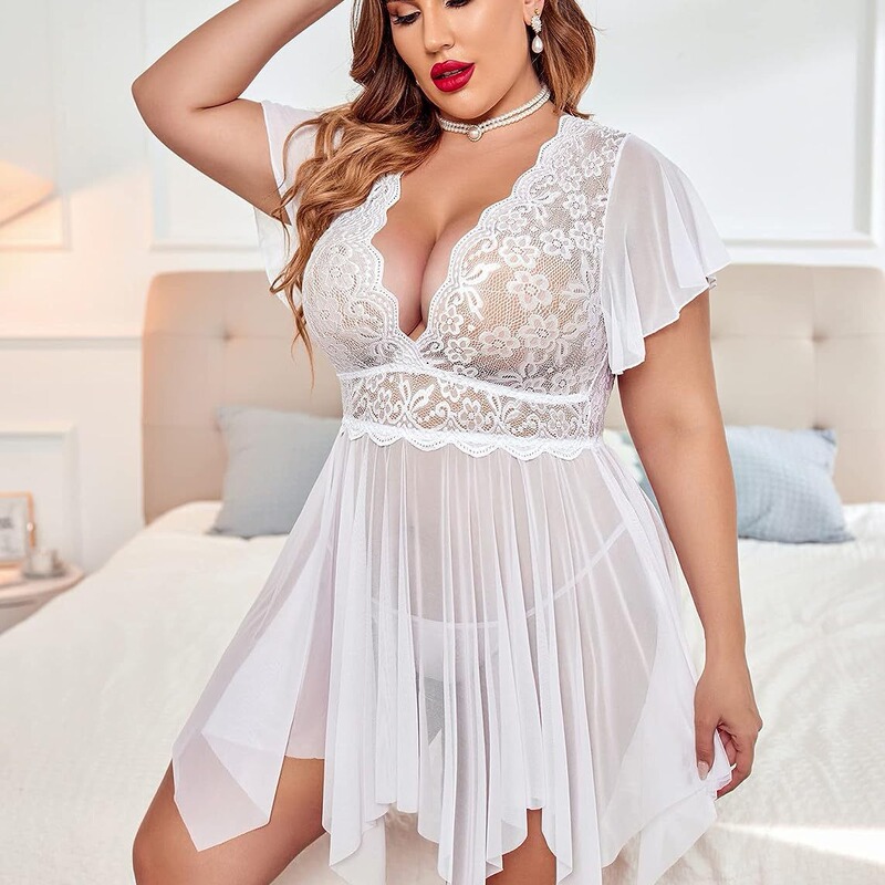 Europe, America and Canada plus size 200 Jin Flower Lace Mesh Sexy Deep V-Body Skirt Doll Shirt Evening Dress Sex Nightgown Europe, America and Canada plus size 200 Jin Flower Lace Mesh Sexy Deep V-Body Skirt Doll Shirt Evening Dress Sex Nightgown