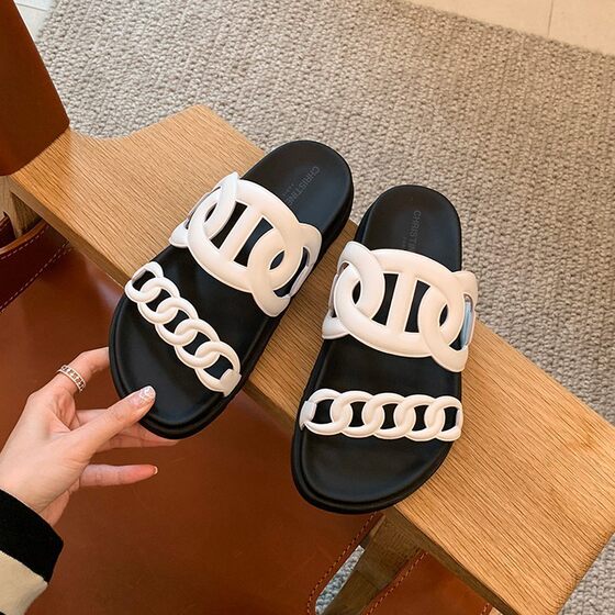 European Station 2025 Summer New European and American Cross Belt Sandals Casual Thick Bottom Circle Chain Beach Slippers for Women