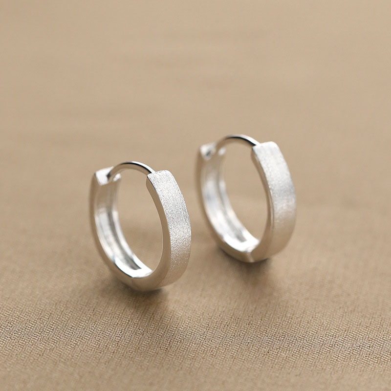 925 Silver Plated Ring Frosted Earrings Female Temperament High-end Sense Earrings Ear Buckle Cold Wind Ear Ring Male Niche Earrings