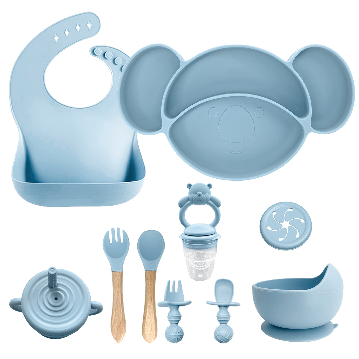 Nuevos productos transfronterizos para niños suplementarios de silicona platos de comedor cuchara de tenedor baudero ocho piezas conjuntos a prueba de caídas mangar suministros para madre y bebé