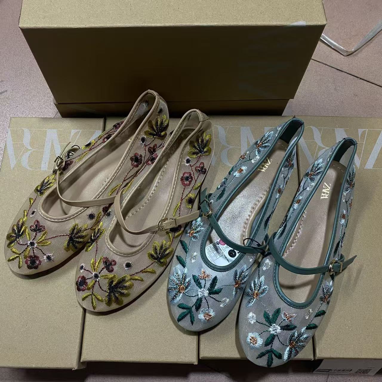 Za Spain 2024 Autumn New Women's Shoes Round Toe Mesh Sand Green Flower Embroidery Mesh Ballet Flats